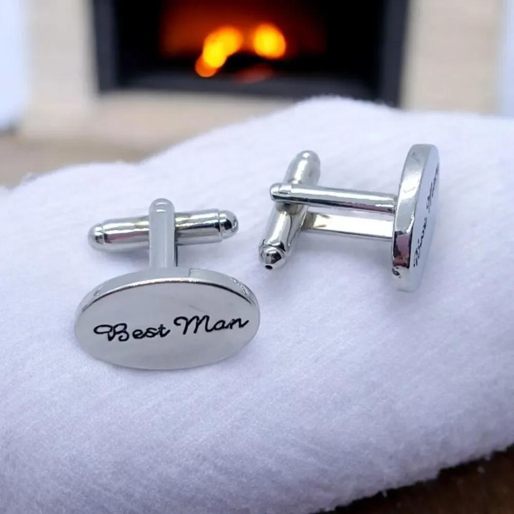 BEST MAN Wedding Cufflinks Silver Engraved Bridal Party Formal Tuxedo Cuff Links